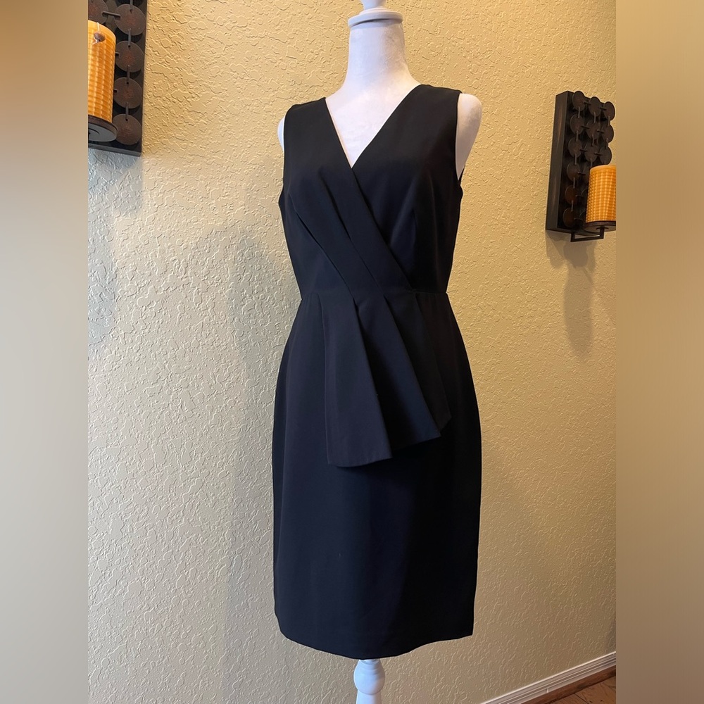 Calvin Klein Little Black Dress with flattering  V neck and pleating.